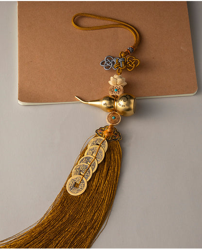 五帝錢純黃銅吉祥葫蘆掛件